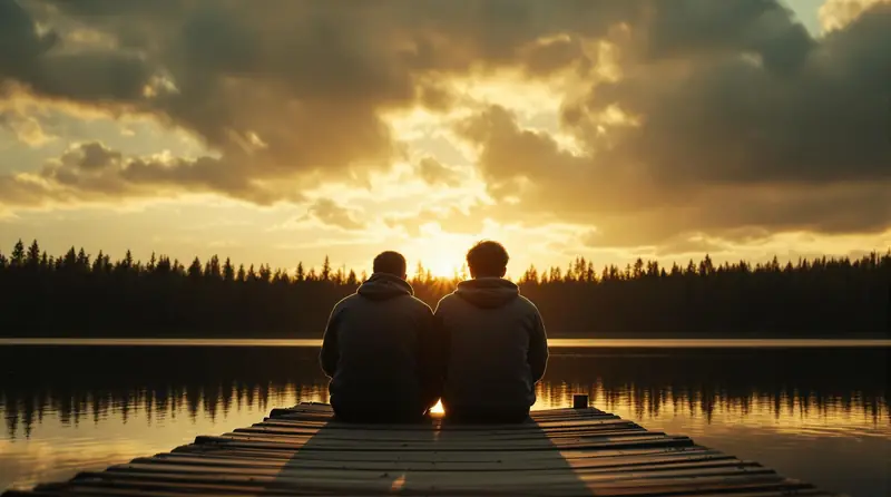 A man and a teenage boy sit side by side at the end of a wooden dock at sunset