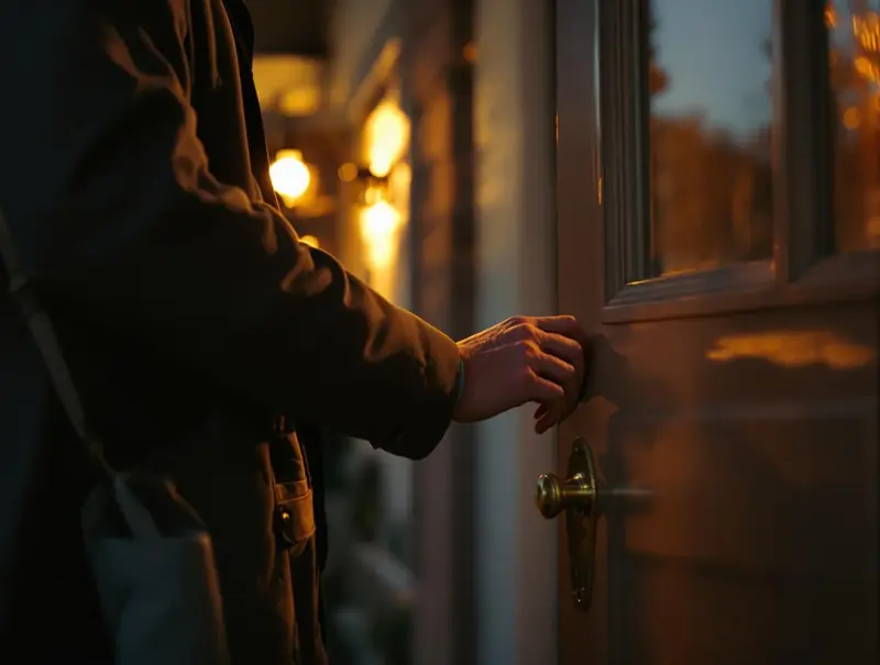 A man's hand on the handle of his front door at dusk, the porch light on